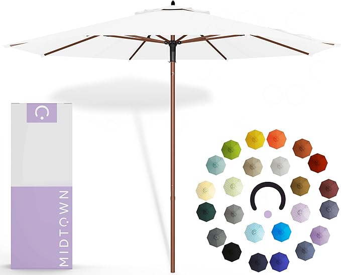 Midtown Umbrellas The Wooden 9 Feet Patio Umbrella With Terylast Ivory (White) Polyester Fabric - Aluminum Frame Market Umbrella For Backyard, Deck, Garden, Pool - Wooden Pole