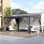 MOUMON 12x14Ft Hardtop Gazebo, Aluminum Frame Wall Mount Outdoor Gazebo with Netting & Curtains, Sloping Galvanized Iron Roof, Sun Shade Pergola Canopy for Patio Garden Backyard, Black Grey