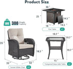 7 Piece Patio Furniture Set with Fire Pit Table - Wicker Patio Conversation Set with 4 Swivel Glider Chairs and 2 Tempered Glass Side Tables for Deck Backyard - Black Wicker Beige Cushion
