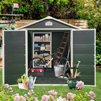 8 x 6 FT Outdoor Storage Shed with Window, Outside Garden Resin Sheds w/Floor and Lockable Doors, Waterproof Plastic Tool House for Backyard, Garden, Patio, Lawn, Bike Accessories, Black