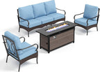Patio Furniture Set with 56" Fire Pit Table, Premium Outdoor Wicker Metal Frame Furniture with Upgraded Waterproof Thick Cushions for Porch, Poolside, Deck, and Yard （4 Pieces,Blue）