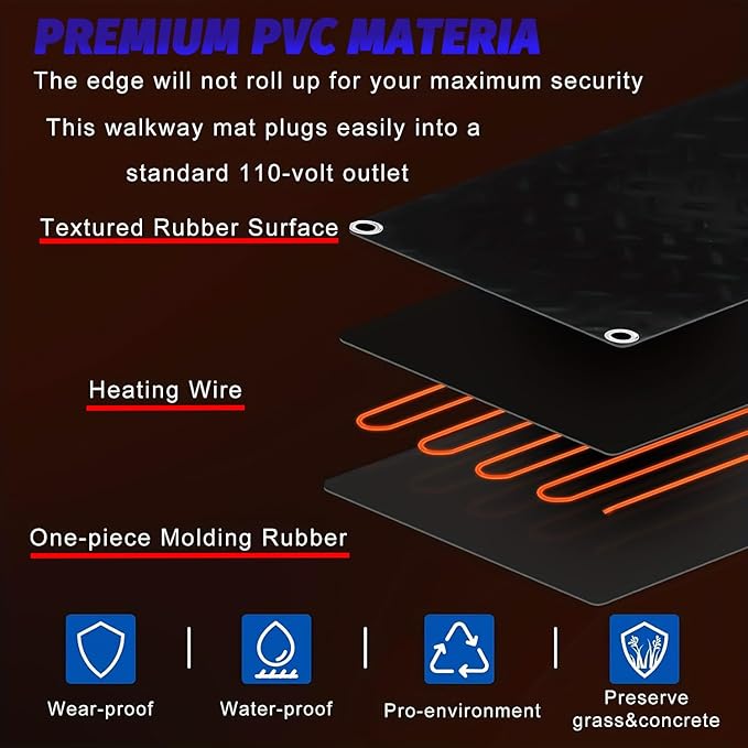 Heated Snow Melting Mats for walkways Stairs- Outdoor Heated Mats- Non-Slip Electric Heated Foot Mats for Winter Snow Removal- Heated Snow Melting Mat for Stairs garages Driveway (10in x 48in)
