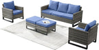 Rilyson Wicker Outdoor Patio Furniture Set - 5 Piece Patio Conversation Set with 2 Wicker Armrest Chairs,2 Rattan Ottoman and 1 Couch for Outside Porch Deck Backyard Garden(Mixed Grey/Blue)