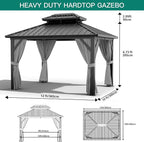 12'x10' Hardtop Gazebo, Heavy Duty Aluminum Permanent Hardtop Gazebo Outdoor Pavilion with Curtains and Netting for Garden (Gray, 12'x10')