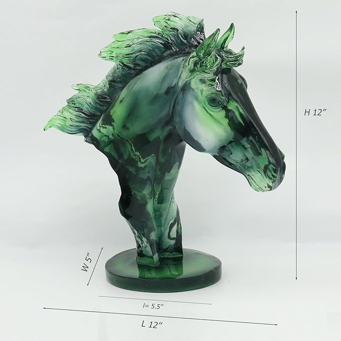 Lukitas Green Horse Head Statue - Modern Abstract Home Decor Sculpture, Elegant Living Room Office Accent Piece, Handcrafted Art Glass-Like Ornament, Transparent Resin 12''