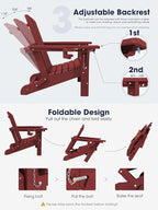 KINGYES Folding Adjustable Adirondack Chair with Ottoman & 2 Cup Holders Set of 4, HDEP Multifunctional Adirondack Chair with Footrest, Red