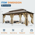 HOTEEL 12x20 Hardtop Gazebo with Metal Roof, Heavy Duty Galvanized Steel Gazebo, Reinforced Square Column, Flame-Resistant Curtains and Netting, Suitable for All-Weather,Brown(Pro)
