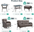 7 Piece Patio Furniture Set - Wicker Patio Conversation Set with Swivel Glider, 3 Seat Sofa, 2 Ottomans, Glass Side Table and Coffee Table for Deck Backyard - Brown Wicker Grey Cushion