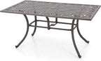 PHI VILLA Cast Aluminum Rectangular Patio Dining Tables for 6 Person, 64" x 37" Engraved Cast-Top Aluminum Table with 2.3" Umbrella Hole, Lawn Garden Tables for All Weather