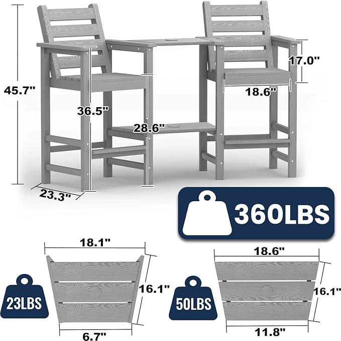 Tall Adirondack Chairs Set of 2, All Weather HDPE Poly Bar Height Balcony Adirondack Chair with Removable Double Connecting Trays, Outdoor Adirondack Barstools for Deck, Patio, Yard, Pool, Lawn