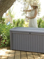 Keter Borneo 110 Gallon Storage Box, All-Weather Wicker Rattan-Style Resin Deck Box and Stylish Outdoor Bench with Piston-Assisted Lockable Lid, Grey