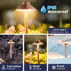 Gardenreet Brass Low Voltage Copper Garden Lights, Outdoor Pathway Light, 12V LED AC/DC Bronze Hat Top Path Lamp for Sideway House Walkway with 3W 270LM 5000K G4 Bulb 8 Pack