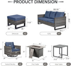 7 Piece Wicker Patio Furniture with Fire Pit Table - Outdoor Conversation Set with 50,000 BTU Fire Pit, All Weather Rattan Patio Set for Deck Backyard Garden - Grey Wicker Blue Cushion