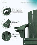 SERWALL Folding Adirondack Chair Set of 4, Reclining Adirondack Chair with 3 Recline Positions, All Weather HDPE Outdoor Adirondack, Green