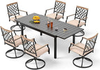 PHI VILLA 7 Piece Outdoor Furniture Dining Set, All-Weather Metal Steel Conversation Set Includes 6 Chairs and 1 Extendable Dining Table for Patio Garden Deck