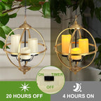 SUNNYPARK Battery Operated Outdoor Candle Chandelier - Gold and Black Metal Globe Hanging Pendant Light with 3 Flameless Candles, 12.6" Waterproof Lights for Gazebo, Pergola, Garden, Porch & Backyard
