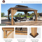YOLENY 12' x 16' Hardtop Gazebo, Wood-Looking Gazebo with Galvanized Steel Double Roof, Aluminum Frame with Netting and Curtains for Deck, Backyard, Patio and Lawns