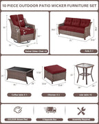 10 Piece High Back Outdoor Patio Furniture Set - Patio Conversation Set with Swivel Rocker Outdoor Chairs Set of 4 and 3 Seater Sofa, Wicker Ottoman and Coffee Table for Garden Backyard