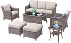 Patio Furniture Set-7 Pieces Outdoor All-Weather Wicker Conversation Set Outdoor Rattan Sofa Couch with Patio Chairs Ottomans for Porch Garden Backyard Poolside-Brown/Beige