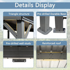 Domi 8’ x 8’ Wall-Mounted Hardtop Gazebo Pergola – Permanent Lean-to Outdoor Shelter with Sloped Galvanized Steel Roof & Upgraded Drainage – Grey Metal Patio Cover for Backyard, Deck, Garden