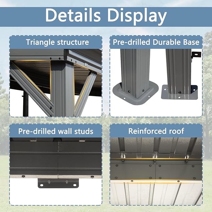 Domi 8’x10’ Wall-Mounted Hardtop Gazebo Pergola – Permanent Lean-to Outdoor Shelter with Sloped Galvanized Steel Roof & Upgraded Drainage – Grey Metal Patio Cover for Backyard, Deck, Garden