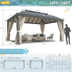 YOLENY 12'x16' Hardtop Gazebo, Permanent Outdoor Aluminum Patio Gazebo with Aluminum Composite Double Arc Roof for Patio Lawn and Garden, Curtains and Netting Included