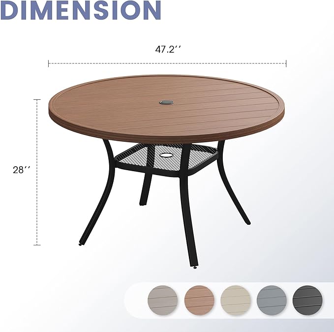 VICLLAX Patio Round Dining Table, 47"x 47" Outdoor Metal Slatted Round Tabletop with Adjustable Umbrella Hole for Lawn Garden Yard, Walnut