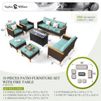 Sophia & William Patio Furniture Set with Fire Pit Table, 10 Piece Outdoor Wicker Furniture Sectional Sofa, Extra Large Patio Rattan Conversation Set with Ottoman & 45" Fire Pit Table(Aqua Blue)