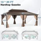 MELLCOM 12' x 20' Hardtop Gazebo,Galvanized Steel Metal Double Roof Aluminum Gazebos with Curtain and Netting,Brown Permanent Pavilion with Aluminum Frame for Patios,Gardens,Lawns