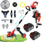 Cordless Weed Wacker, 12-Inch Electric Weed Wacker, Brushless Grass Trimmer with Wheels, 2×4.0Ah Batteries, Lightweight Electric Weed Eater with Telescoping Shaft for Lawn, Yard, Garden, Red