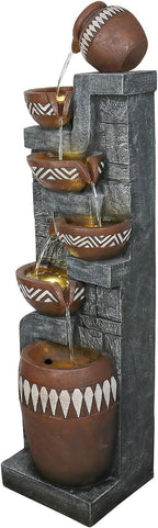 56.6in High Outdoor Indoor Water Fountain, 6-Tiered Poly-Resin Waterfall Fountain with LED Lights, Decorative Floor Standing Fountain for Garden, Patio, Yard, Home Decor
