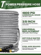 3/8" 4800PSI Pressure Washer Hose 150FT with Swivel Quick Connect for Cold/Hot Water Max 248°F, Kink Resistant Steel Wire Braided, Wear Resistant Power Washer Hose with M22 14mm Adapter