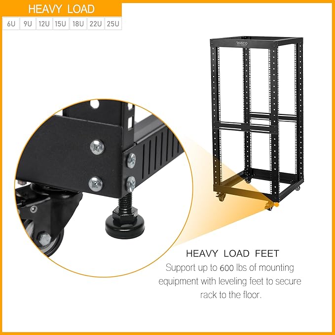 RIVECO 25U Open Frame Server Rack with Wheels- Heavy Duty 4 Post Quick Assembly 19-inch Support 600 LBS Equipment Thick Cold Rolled Steel Cabinet Black