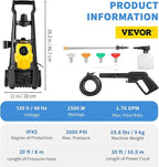 VEVOR Electric Pressure Washer, 2000 PSI, Max. 1.76 GPM Power Washer w/ 30 ft Hose, 5 Quick Connect Nozzles, Foam Cannon, Portable to Clean Patios, Cars, Fences, Driveways, ETL Listed