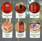 Outdoor Far Infrared Sauna 6 Person, Canadian Red Cedar Barrel Sauna, Extra Large Space with Porch, 220V, 3500 W, 10 Heating Element, Oxygen Bar, USB Radio, Lamps(0-140℉)