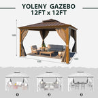 YOLENY 12'x12' Hardtop Gazebo, Wooden Finish Coated Aluminum Frame Canopy with Galvanized Steel Roof, Outdoor Metal Gazebos with Curtains and Nettings for Patio, Backyard, Deck and Lawns