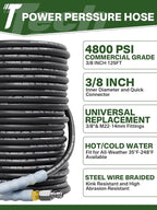 3/8" 4800PSI Pressure Washer Hose 125FT with Swivel Quick Connect for Cold/Hot Water Max 248°F, Kink Resistant Steel Wire Braided, Wear Resistant Power Washer Hose with M22 14mm Adapter