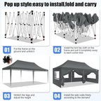 COBIZI 10x20 Pop Up Canopy with 6 Sidewall, Commercial Canopy UPF 50+ Waterproof Outdoor Gazebo with Carry Bag, Tents for Parties with Upgrade Frame, 3 Height Adjustable, Gray