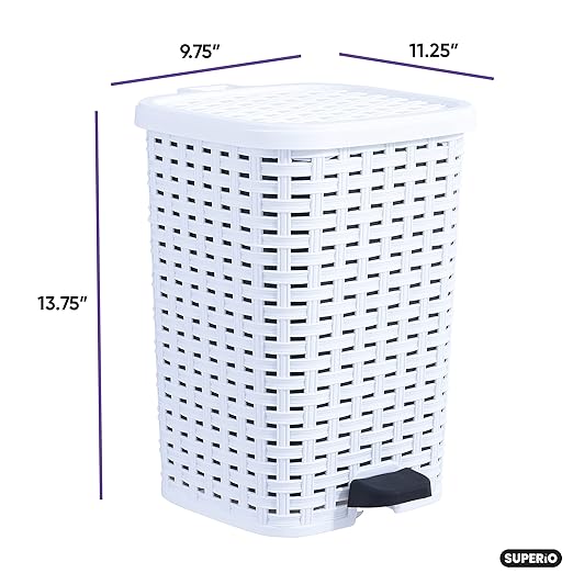 Superio Small Outdoor Trash Can with Lid for Dog Poop 6.8 Gallon/26 L Plastic Step On Garbage Can with Foot Pedal for Bathroom, Bedroom, Office, Patio, Wicker White