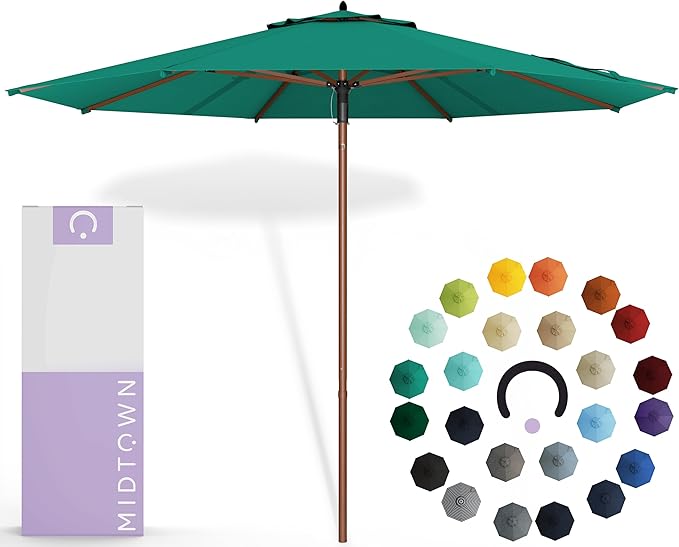 Midtown Umbrellas The Wooden 9 Feet Patio Umbrella With Sunbrella Canvas Teal Acrylic Fabric - Aluminum Frame Market Umbrella For Backyard, Deck, Garden, Pool - Wooden Pole