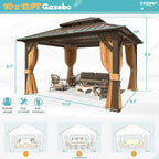 EROMMY 10' x 12' Hardtop Gazebo, Aluminum Frame Gazebos with Galvanized Steel Double Roof, Permanent Outdoor Metal Pavilion with Curtain and Netting for Patio, Lawn, Deck