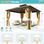 EROMMY 12'x12' Gazebo Hardtop, Galvanized Steel Double Roof Metal Gazebo with Aluminum Frame, Permanent Outdoor Pavilion with Curtain and Netting for Patio, Lawn and Garden, Brown