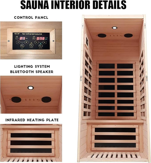 1 Person Infrared Sauna, Home Sauna, Hemlock Wood Far Infrared Sauna, 1,200watt, Low EMF FAR Infrared with Bluetooth, LCD, LED Lights, for Home Indoor