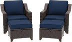 4 Pieces Patio Conversation Furniture Set - 2 Chairs with Ottomans Set of 2, Outdoor Wicker Armchairs with Water-Resistant and Washable Cushions for Porch, Balcony, Sunroom (Navy Blue)