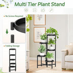 iDavosic.ly Plant Stand with Garden Tools, 5 Tier Corner Metal Flower Display Holder Shelf Indoor Outdoor, Folding Tall Orchid Rack for Patio Balcony Porch Living Room House, Black