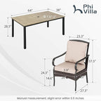 PHI VILLA 7-Piece Outdoor Dining Set, Heavy Duty Patio Table and Chairs Set with Umbrella Hole for 6, 64" Rectangular Patio Woodgrain Metal Table & Metal Wicker Dining Chairs with Cushions
