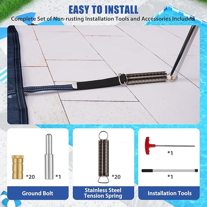 Inground Pool Cover Safety Fits Rectangle Swimming Pool, Mesh Solid Pool Cover for Inground Pools,Winter Pool Safety Cover Includes Safety Net and Installation Tools Blue (Blue, Fits 14x28ft Pools)
