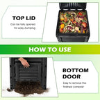 Happygrill Outdoor Compost Bin, Composting Box w/Top Flip Latch-on Lid,80 Gallons Composter for Kitchen Waste & Garden Scraps, Compost Barrel for Fast Creation of Fertile Soil (Black)