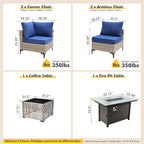 Outdoor Sectional Patio Furniture Set with Fire Pit Table and Glowing Table,6 Pieces Wicker Conversation Sets L Shaped Couch Out Door Sofa Set Outside Furniture for Garden Deck Yard,Navy Blue