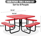 8-Person Outdoor Picnic Tables,46" Heavy-Duty Metal Square Picnic Table,Expanded Metal Commercial-Grade Table with 4 Benches & Umbrella Hole,Waterproof Coating Beach Table for Patio,Garden, Backyard